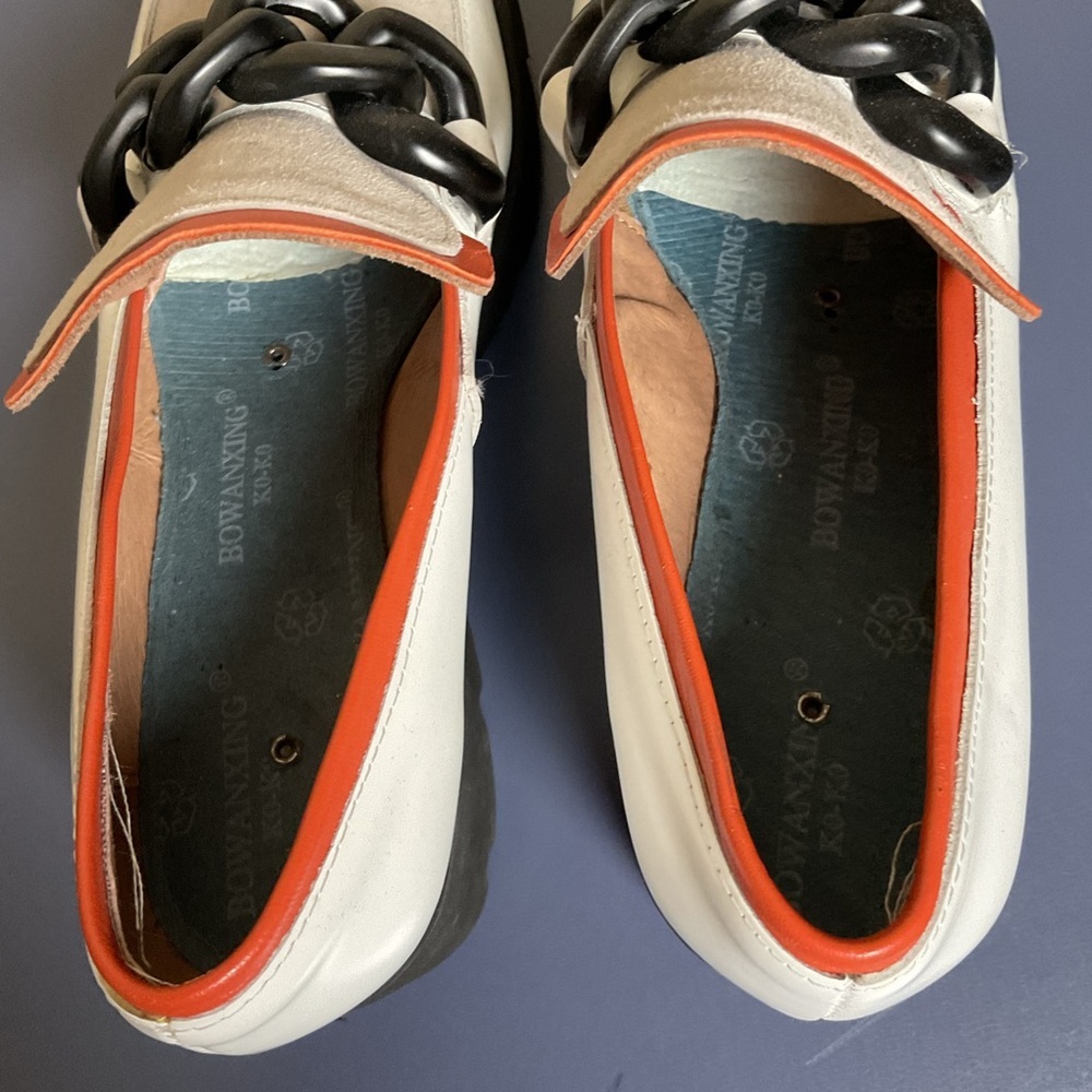 Unbranded Womens size 37 White Orange Thick Chained Small Heel‎ Loafer Shoes - Picture 6 of 8